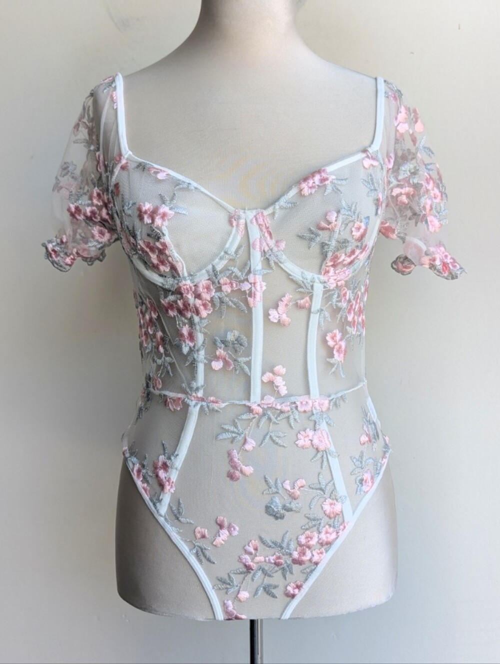Sheer Floral Embroidered Short Sleeve Bustier Bodysuit